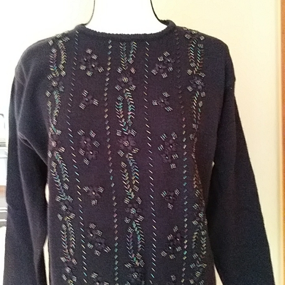 Victoria Jones Beaded Floral Tunic Sweater L Navy Blue - Picture 9 of 16